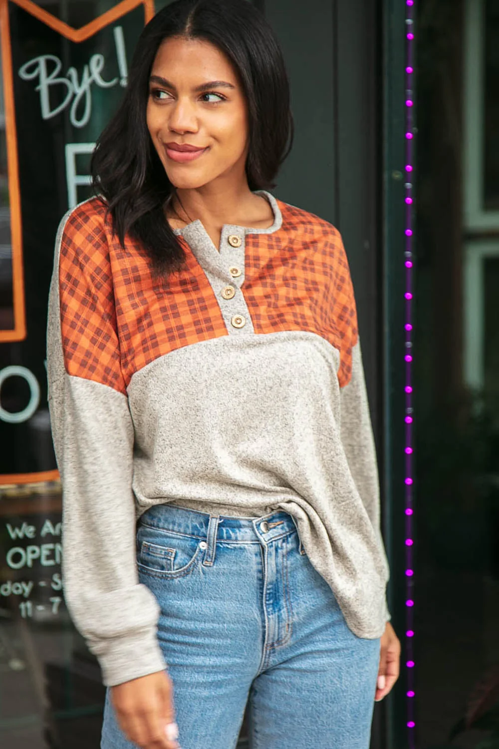 Plaid Cashmere Feel Two Tone Button Down Top (Open Pack) - Image 2