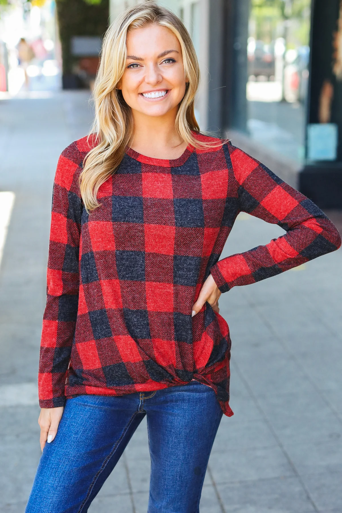 Red Gingham Plaid Twist Hem Top - Image 2
