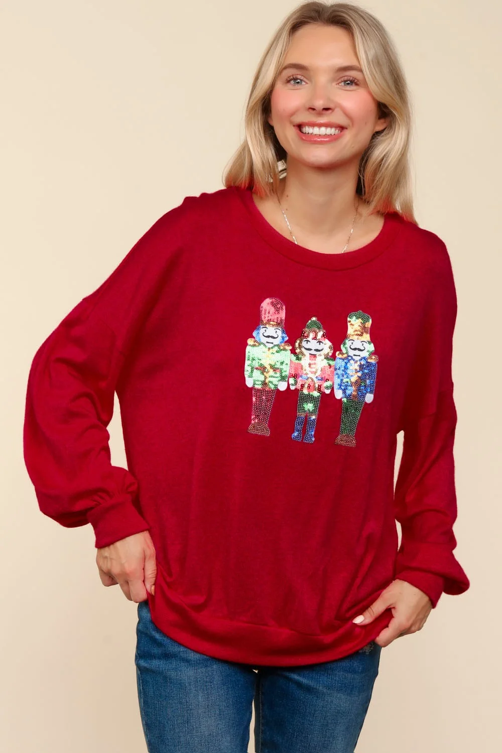 RED HACCI KNIT TOP W/ SEQUINS HOLIDAY NUTCRACKER Holiday PATCH - Image 2