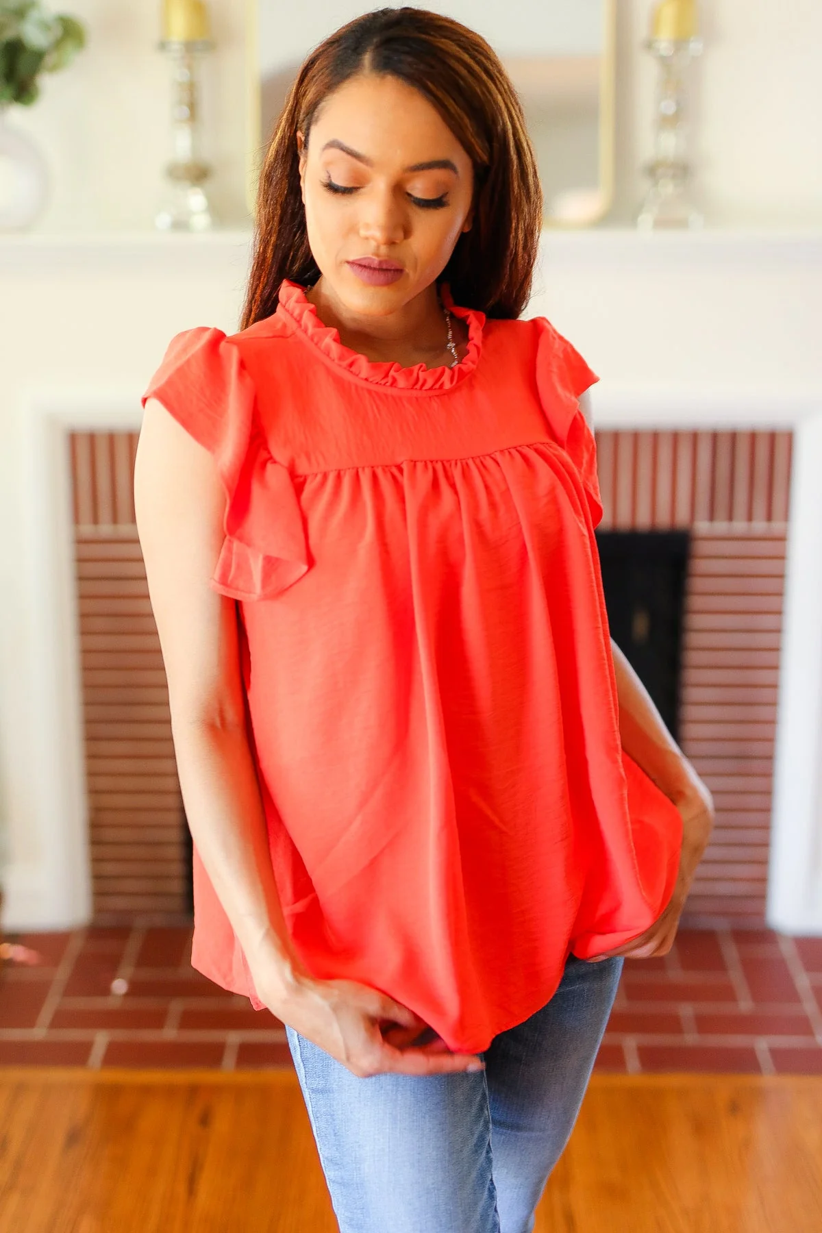 Red-Orange Mock Neck Flutter Sleeve Top (Open Pack) - Image 7