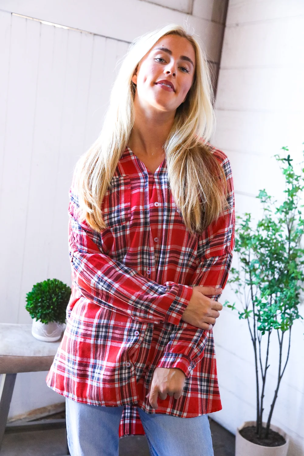 Red Plaid Button Down Blouse - Image 13