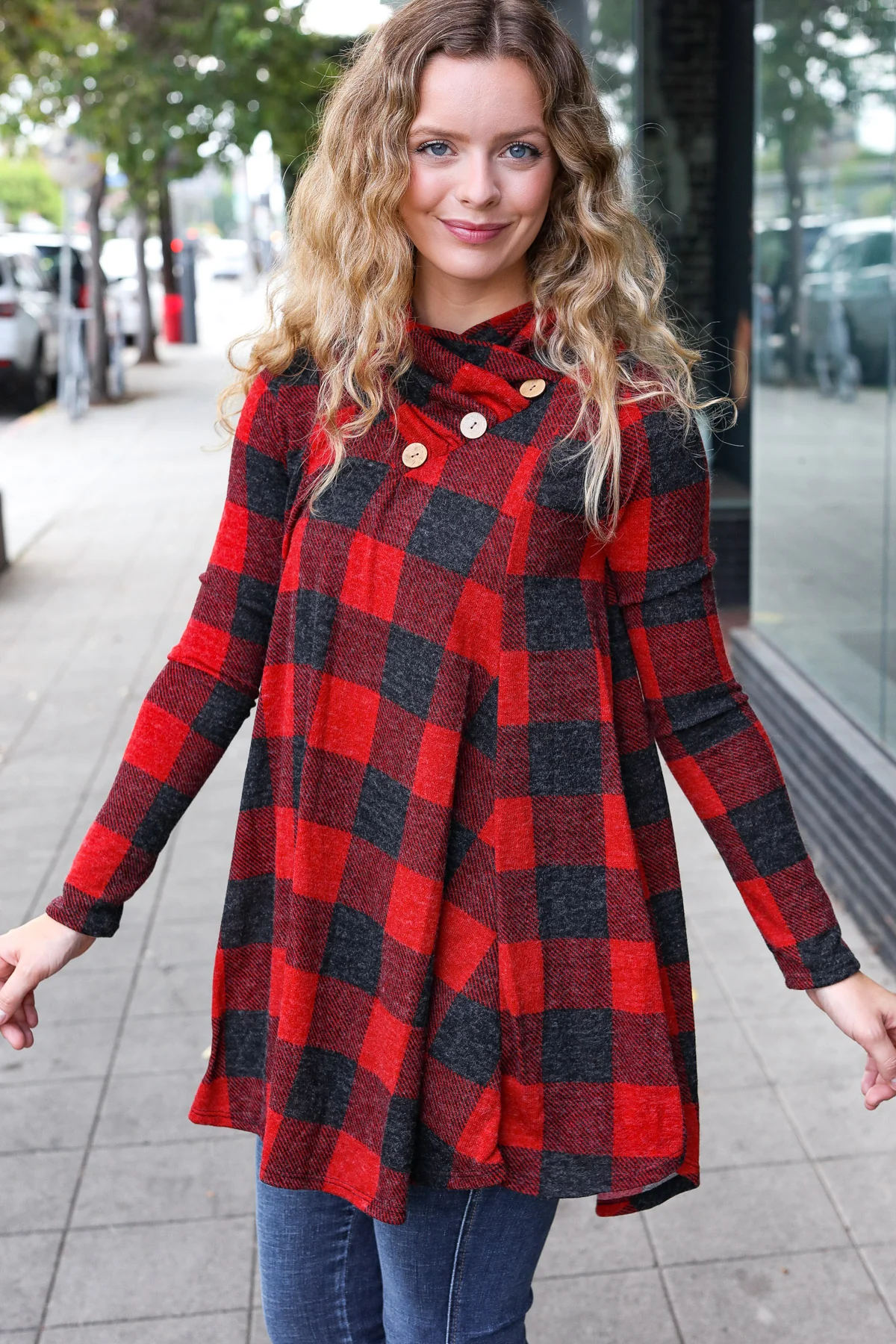 Red Plaid Button Neck Holiday Tunic - Image 2