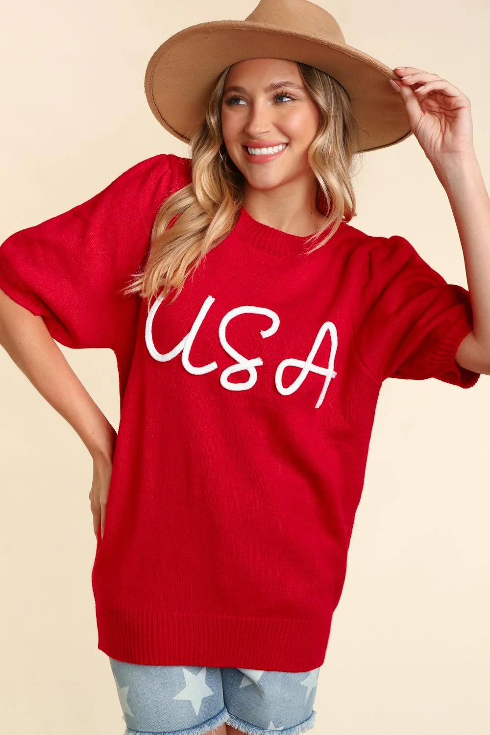 RED USA POP UP LETTER SWEATER KNIT TOP - Image 4