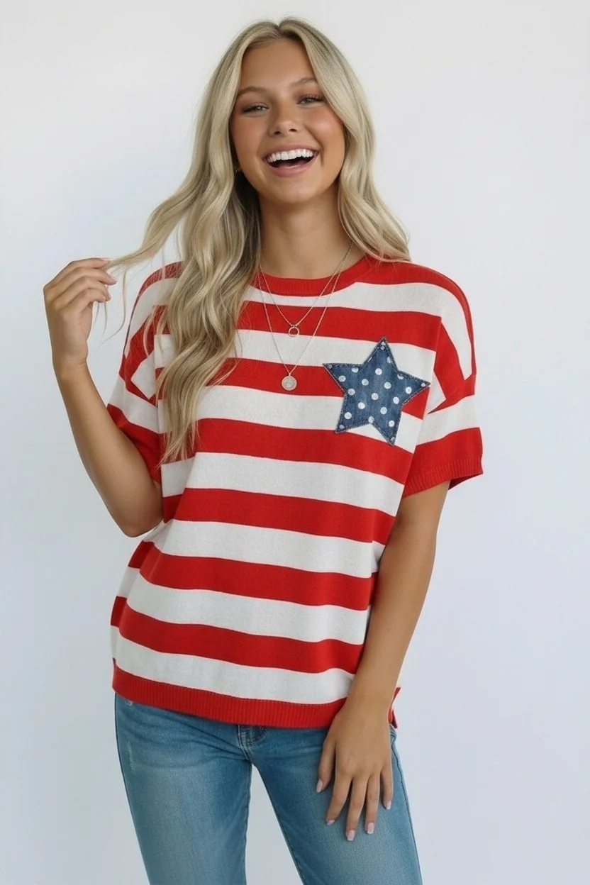 Plus Red White Stripe Star Patch Knit Top - Image 3