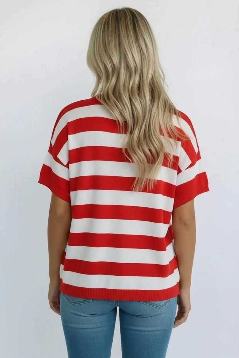 Plus Red White Stripe Star Patch Knit Top - Image 4