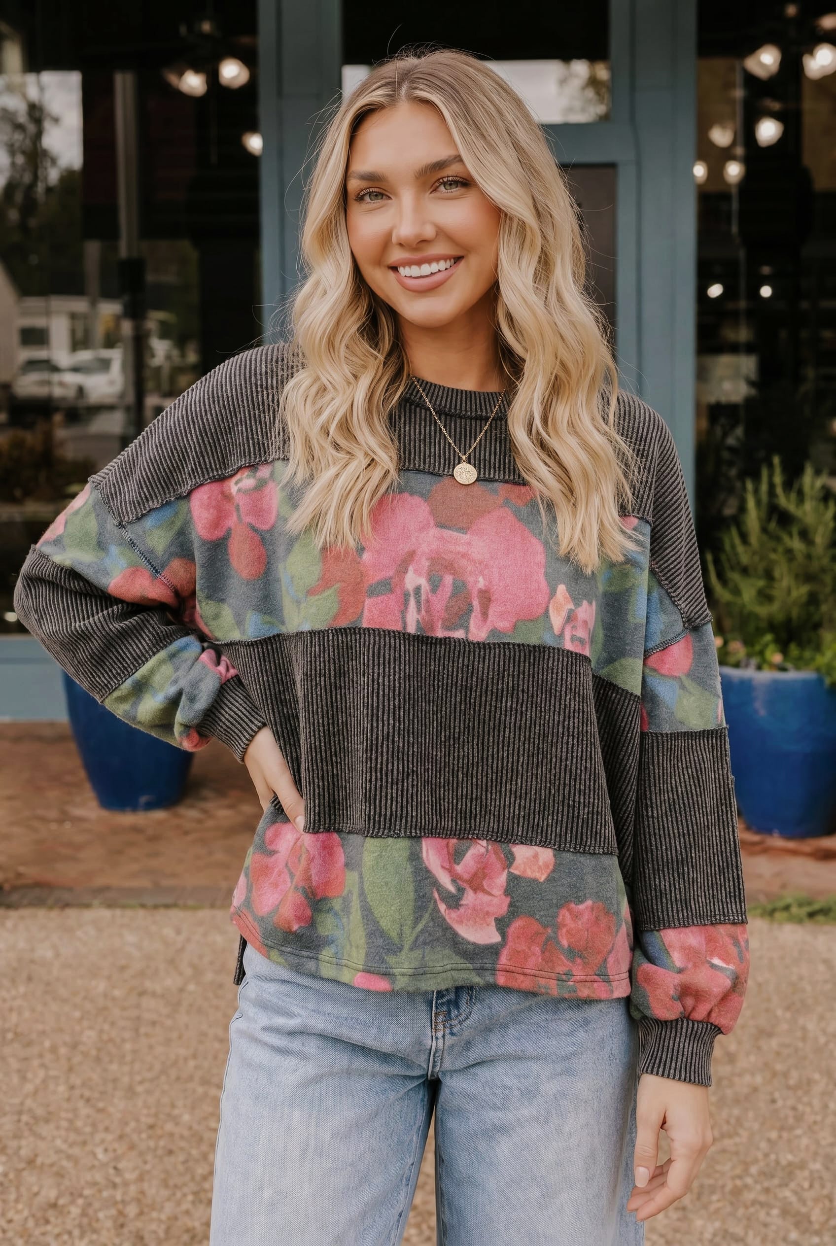 Plus Ribbed Floral Patchwork Long Sleeve Top