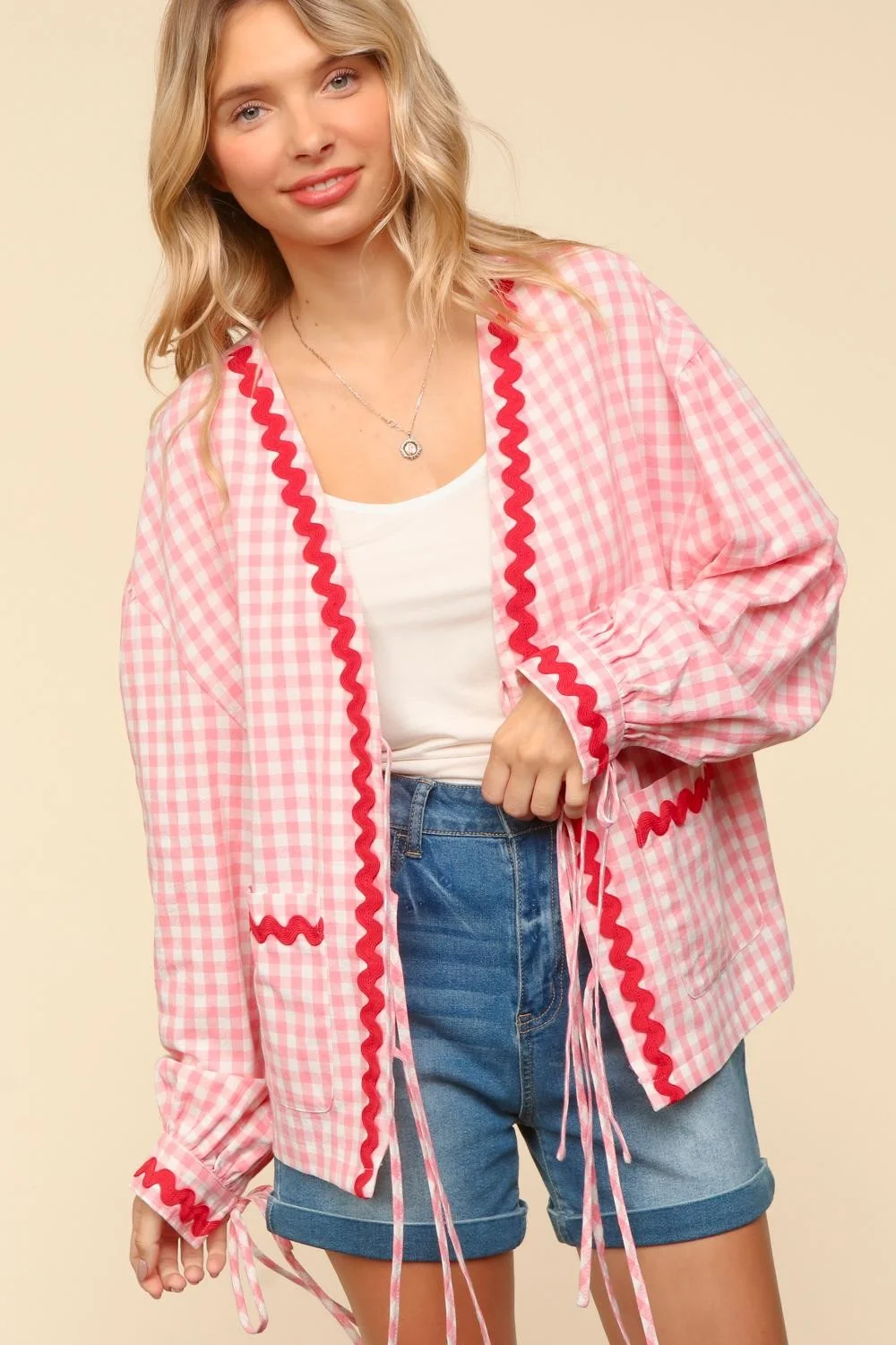 RIBBON TIE GINGHAM OVERSIZED JACKET W/ POCKET - Image 6