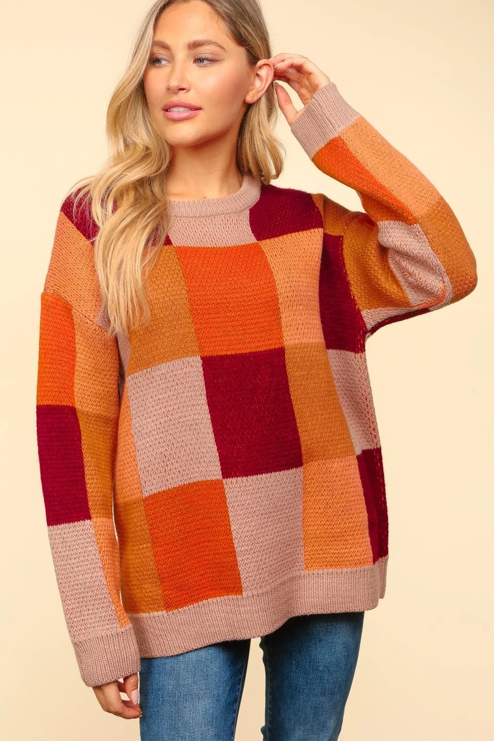 Round Neck Oversized Loose Fit Color Block Sweater - Image 4
