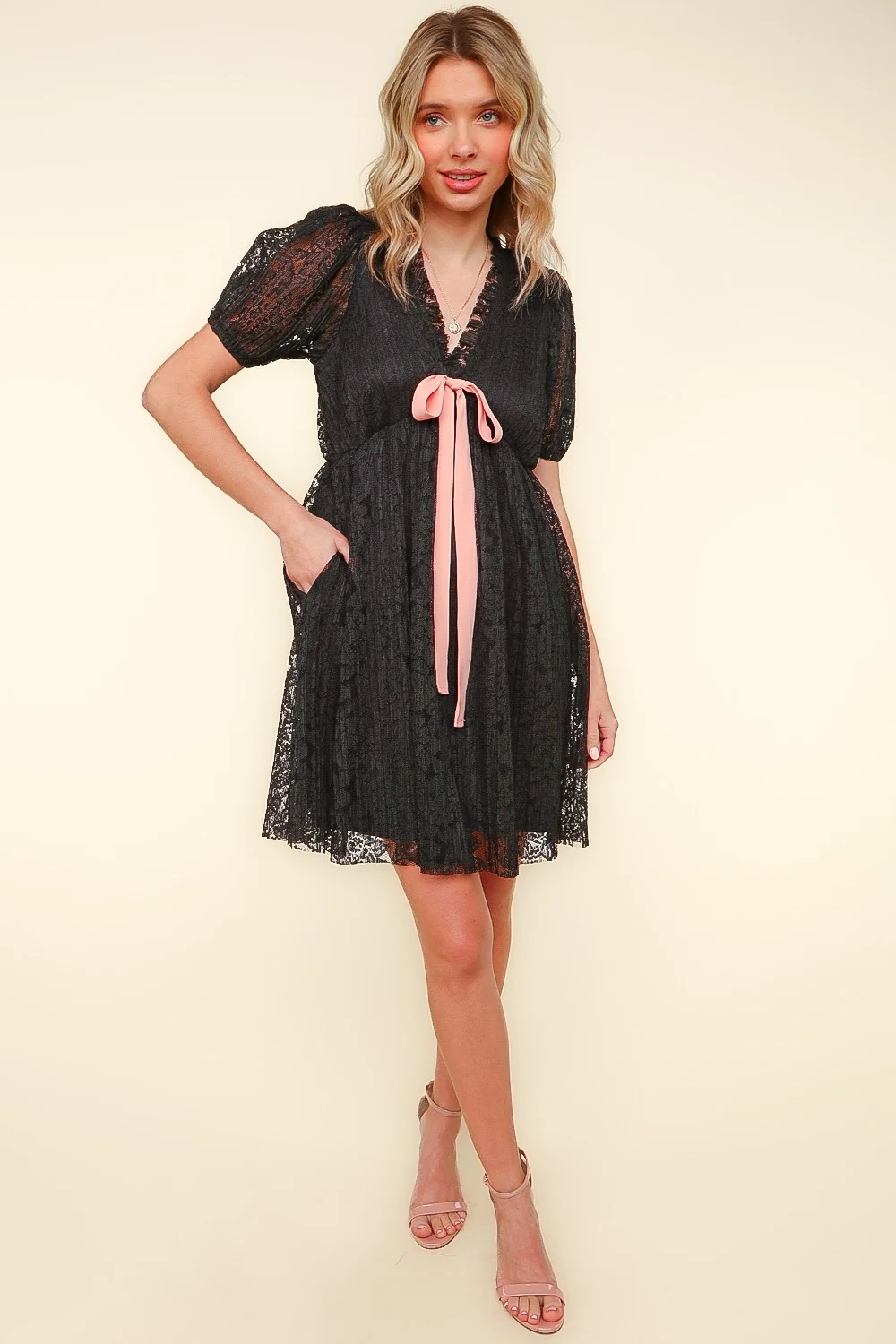 RUFFLE V NECK RIBBON BOW PLEATED LACE LINED DRESS - Image 2