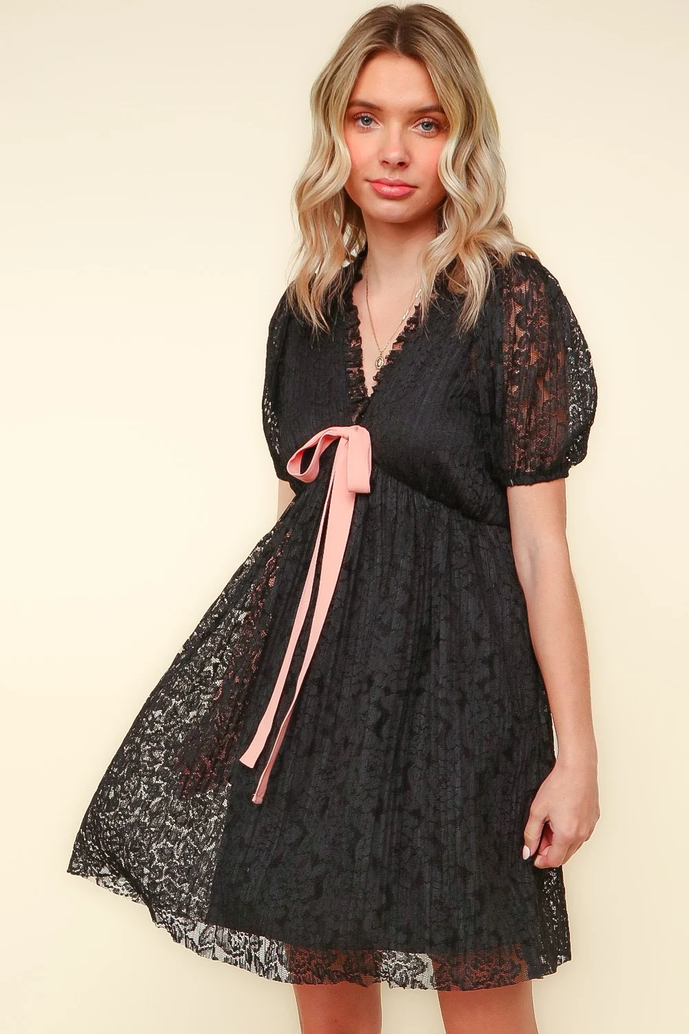 RUFFLE V NECK RIBBON BOW PLEATED LACE LINED DRESS - Image 4