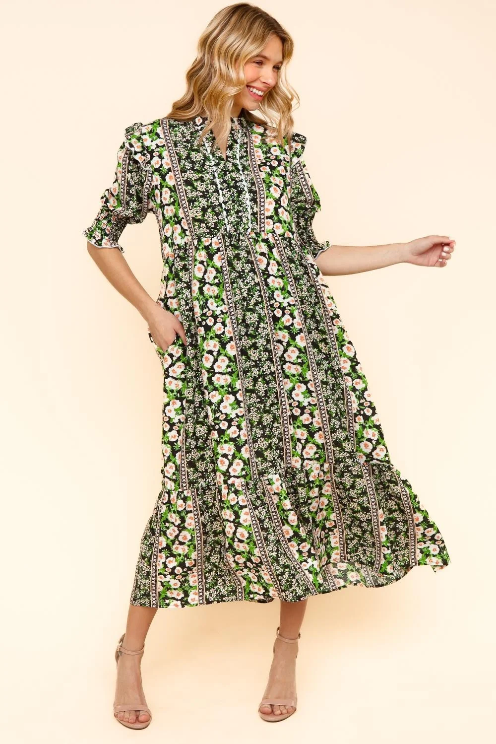 RUFFLED NOTCH NECK BABYDOLL FLORAL MIDI DRESS - Image 6