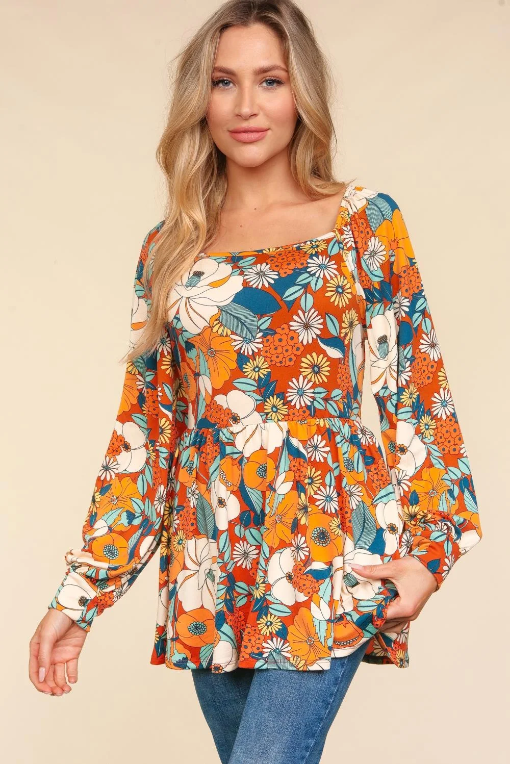 RUST BABYDOLL PEPLUM VINTAGE FLORAL PRINT KNIT TOP