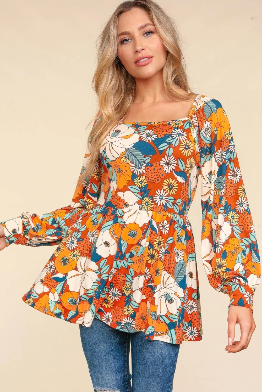 RUST BABYDOLL PEPLUM VINTAGE FLORAL PRINT KNIT TOP - Image 6
