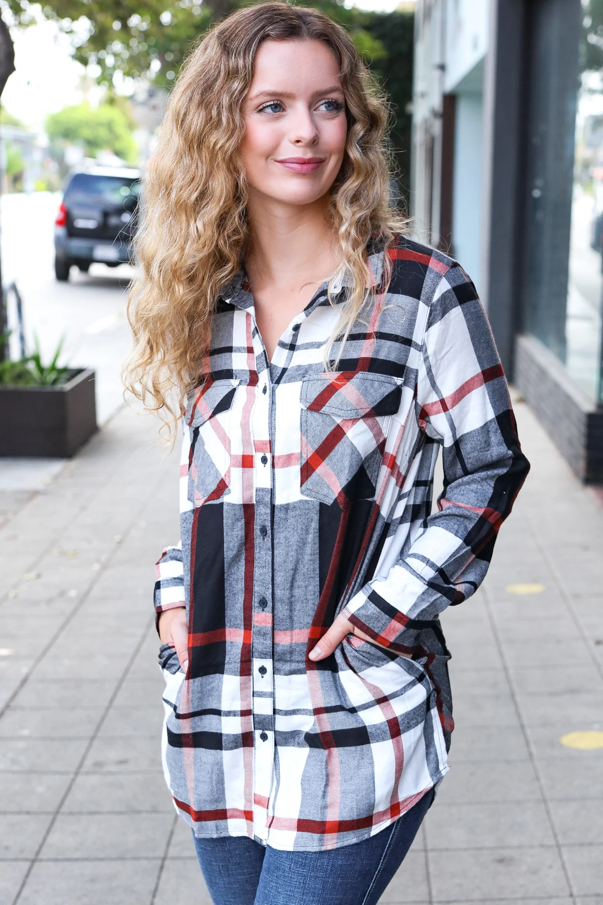 Rust & Black Plaid Pocketed Top