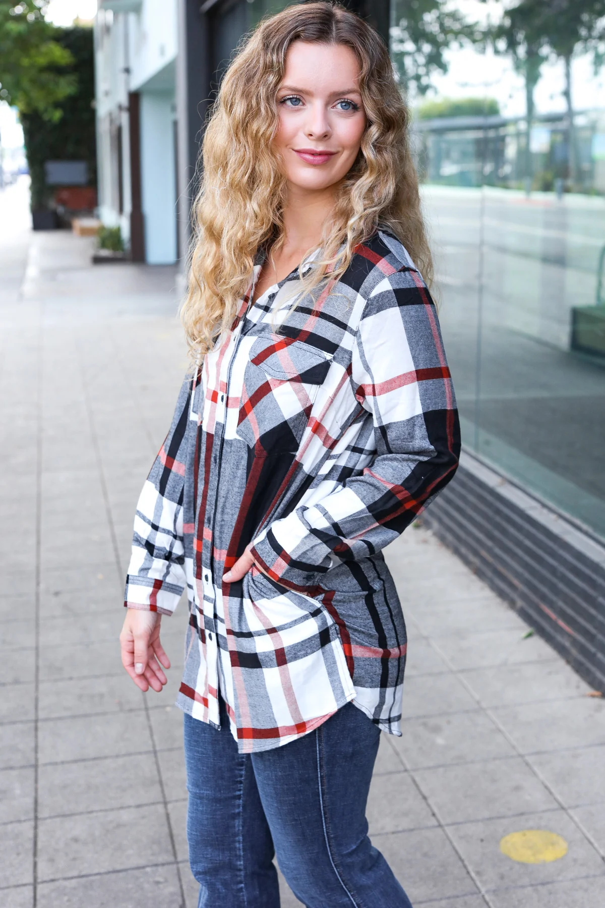 Rust & Black Plaid Pocketed Top - Image 7