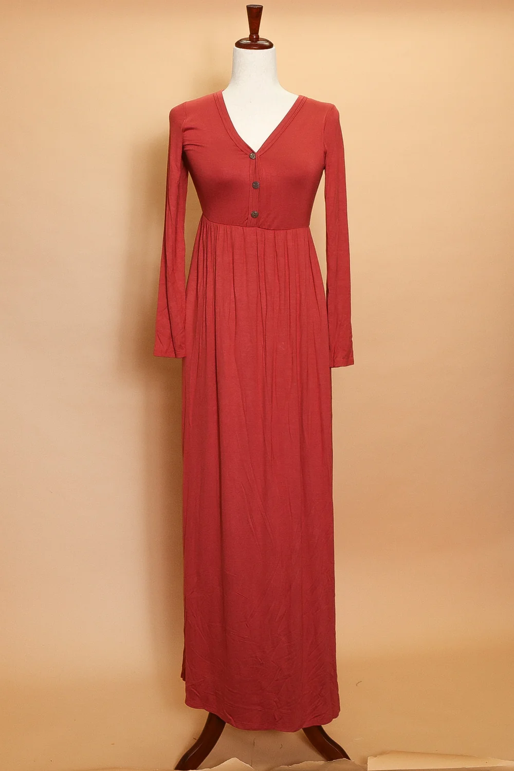 Rust Button V Neck Maxi Dress