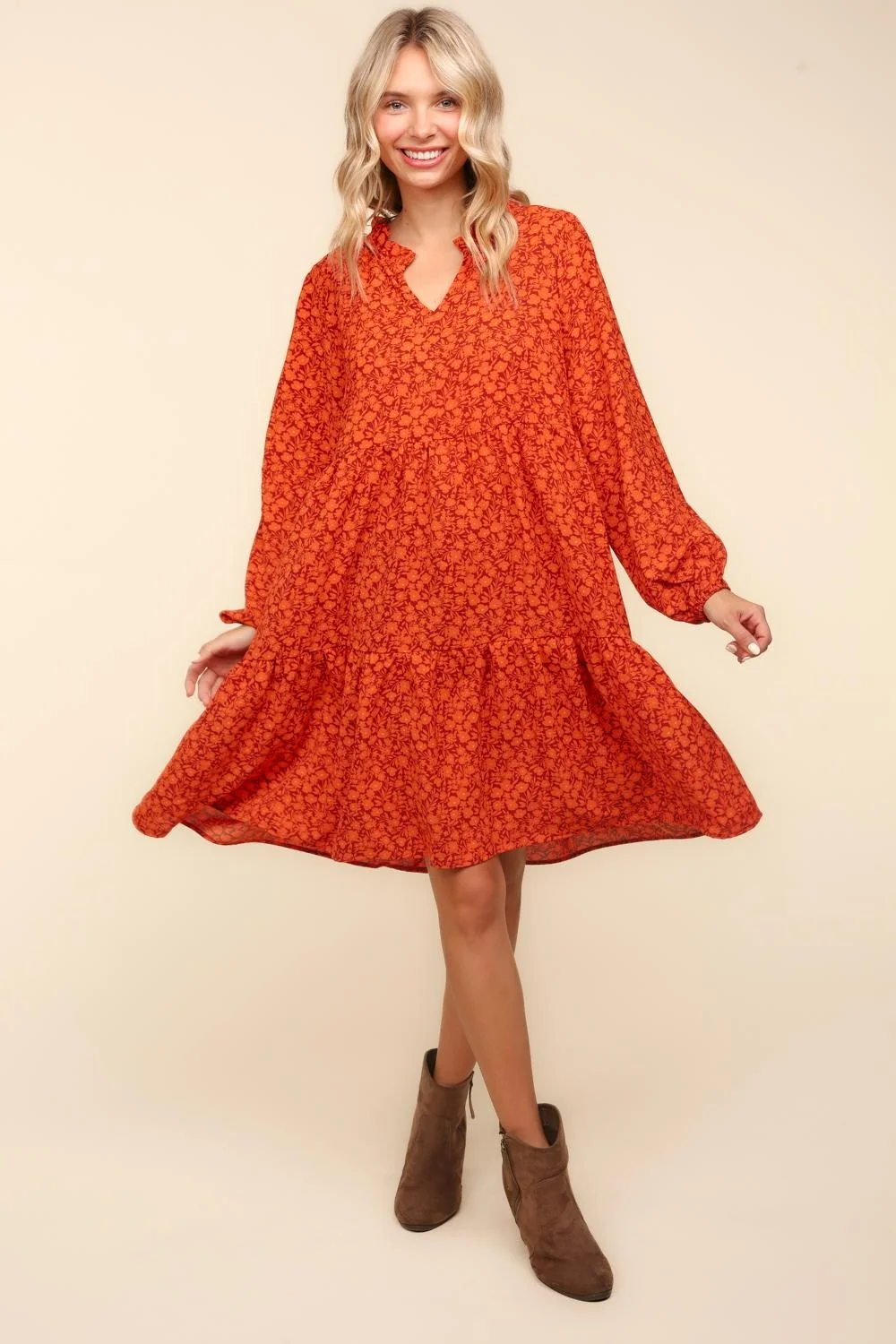 RUST FLORAL BABYDOLL LONG SLEEVE WITH SIDE POCKETS - Image 2