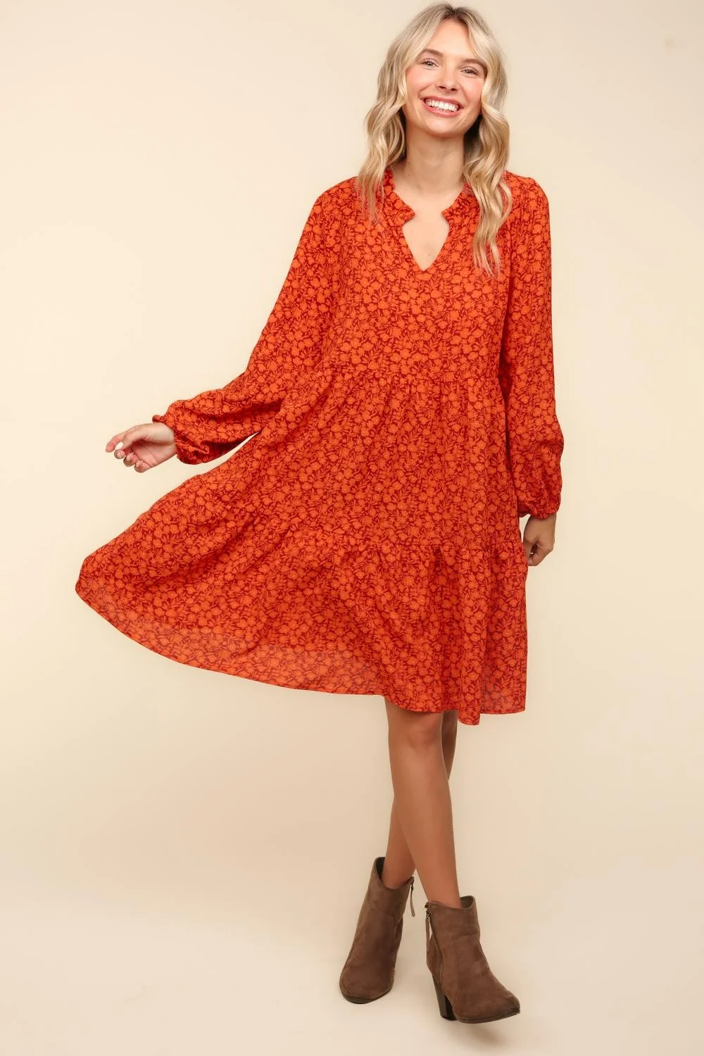 RUST FLORAL BABYDOLL LONG SLEEVE WITH SIDE POCKETS - Image 3