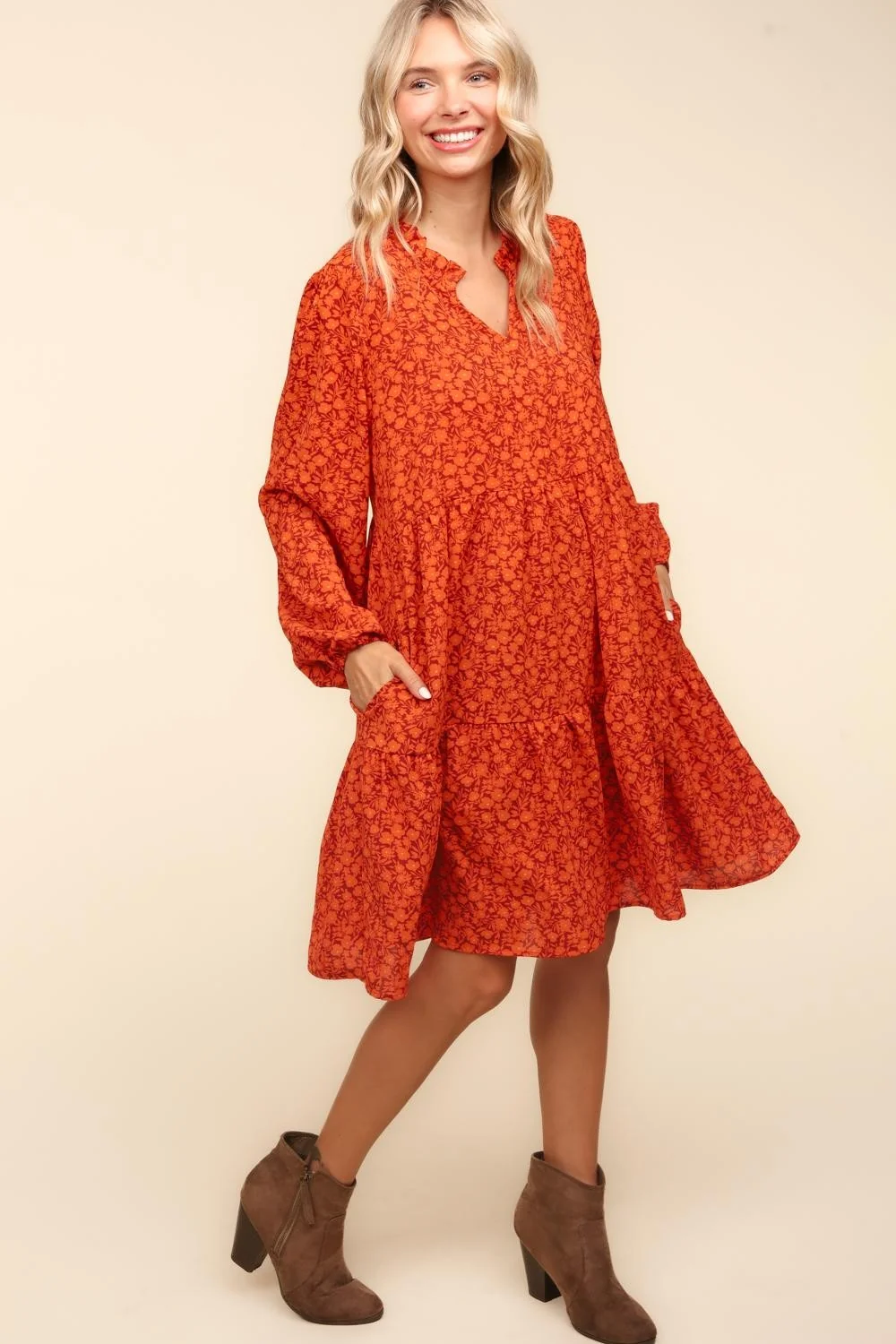 RUST FLORAL BABYDOLL LONG SLEEVE WITH SIDE POCKETS - Image 5