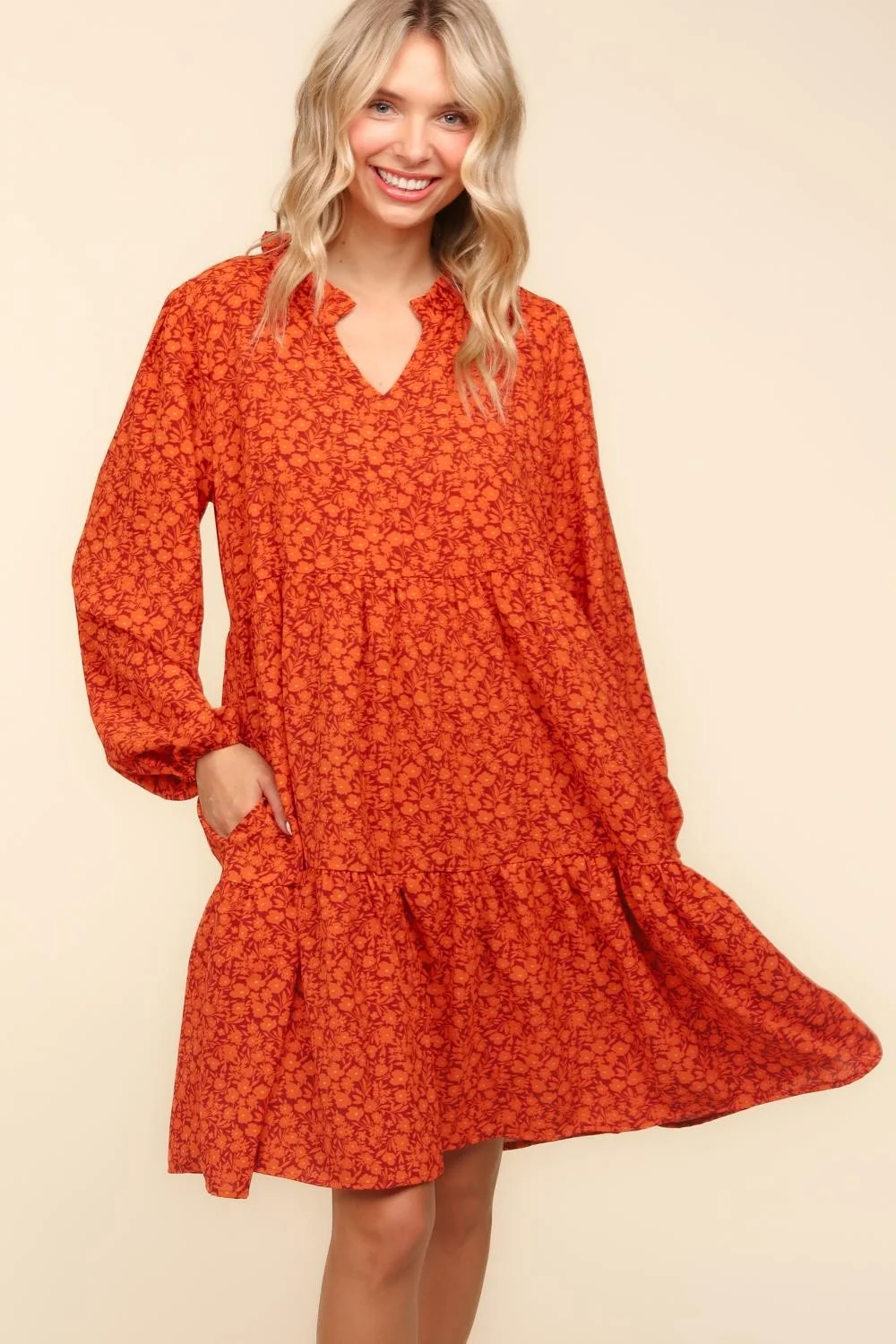 RUST FLORAL BABYDOLL LONG SLEEVE WITH SIDE POCKETS - Image 6