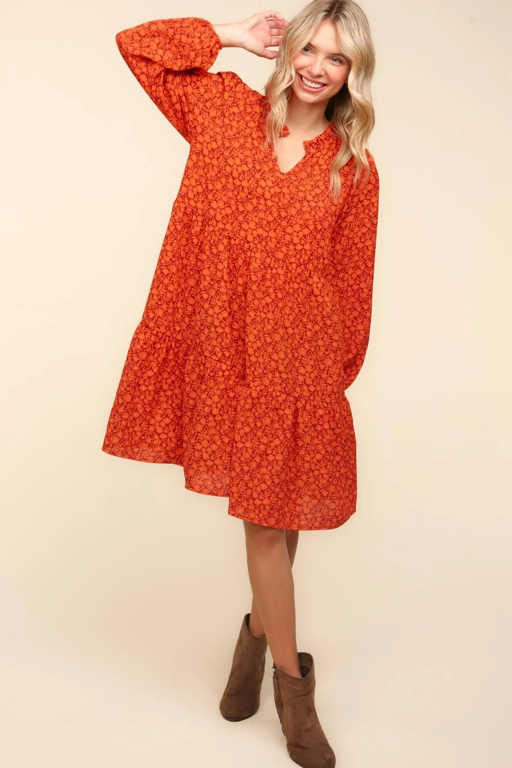 RUST FLORAL BABYDOLL LONG SLEEVE WITH SIDE POCKETS - Image 7