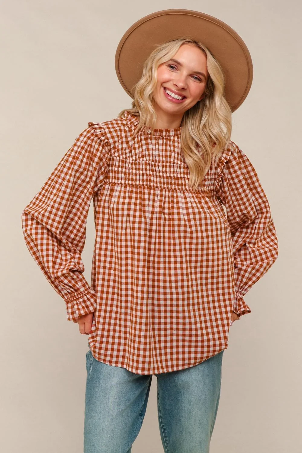 RUST FRILLED MOCK GINGHAM CHECK COTTON BLOUSE - Image 3