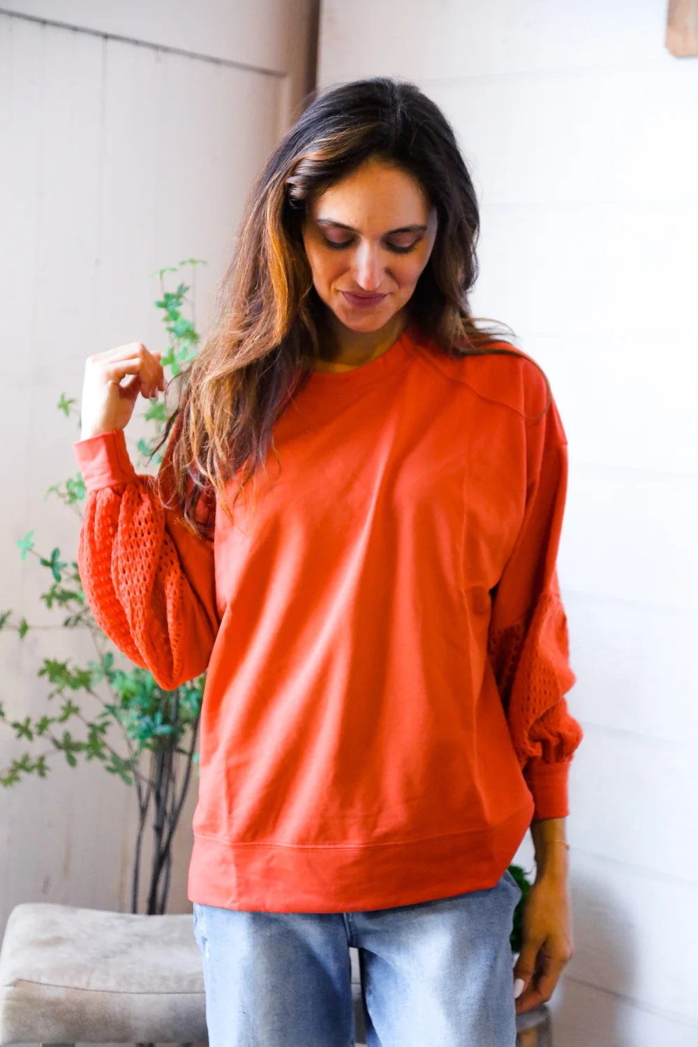 Rust Netted Sleeve Sweater - Image 4