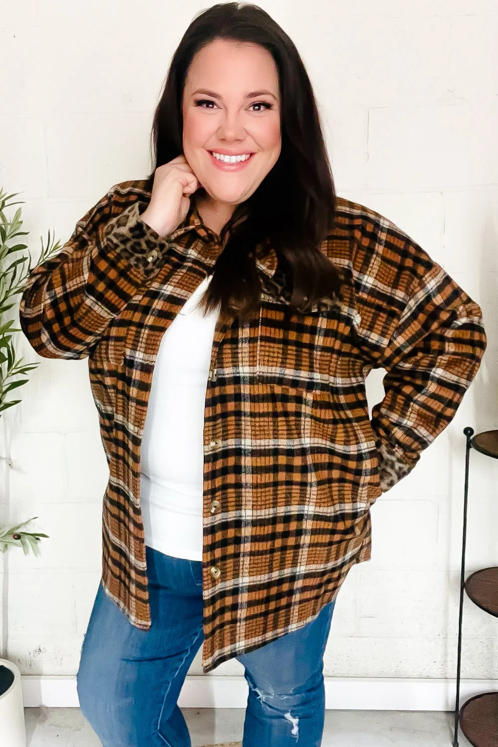 Put Together Rust Plaid & Animal Print Button Down Jacket (Open Pack)