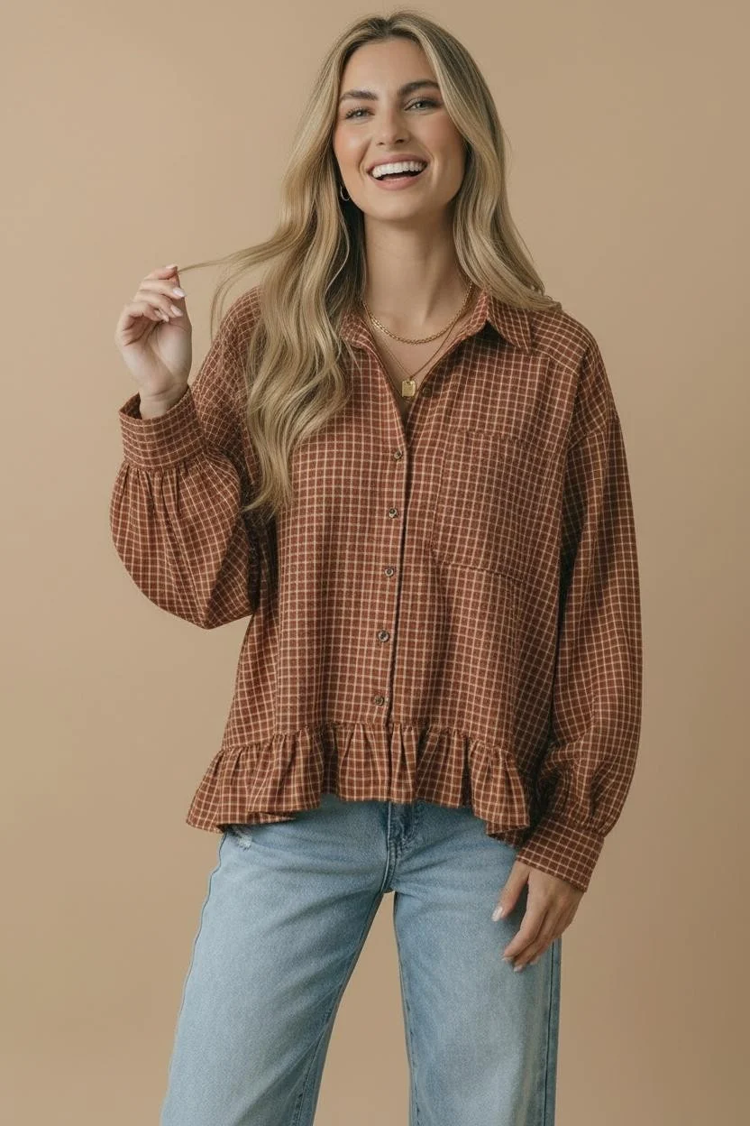 Rust Plaid Ruffle Hem Button Down Top - Image 7