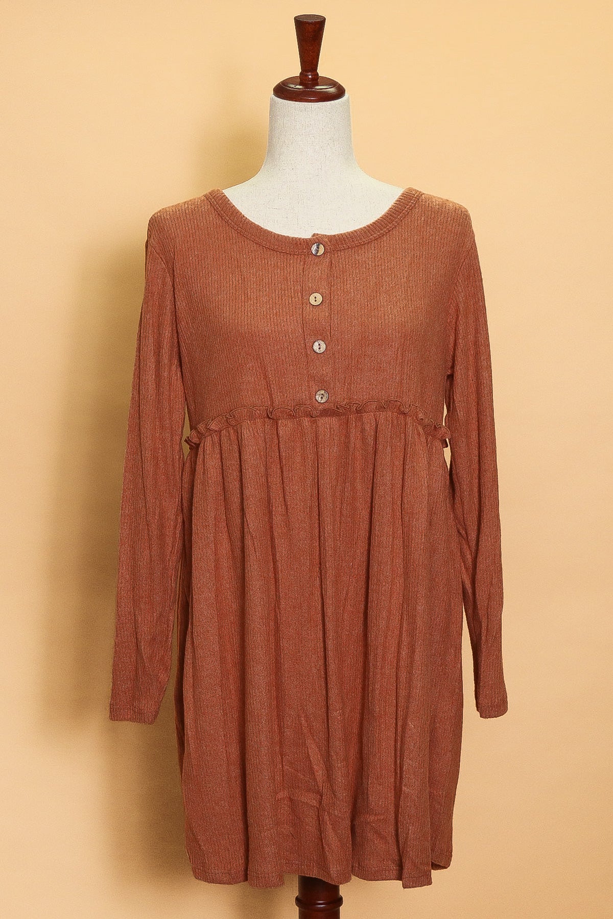 Rust Ribbed Ruffle Waist Dress
