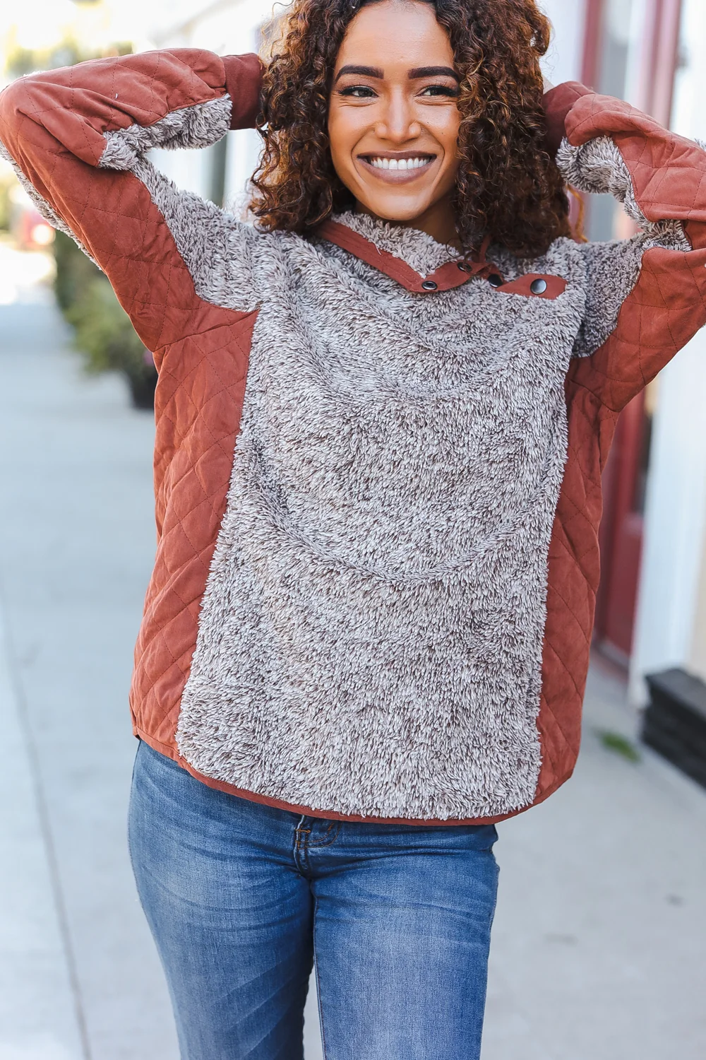 Rust Quilted Sherpa Button Pocket Sweater - Image 4