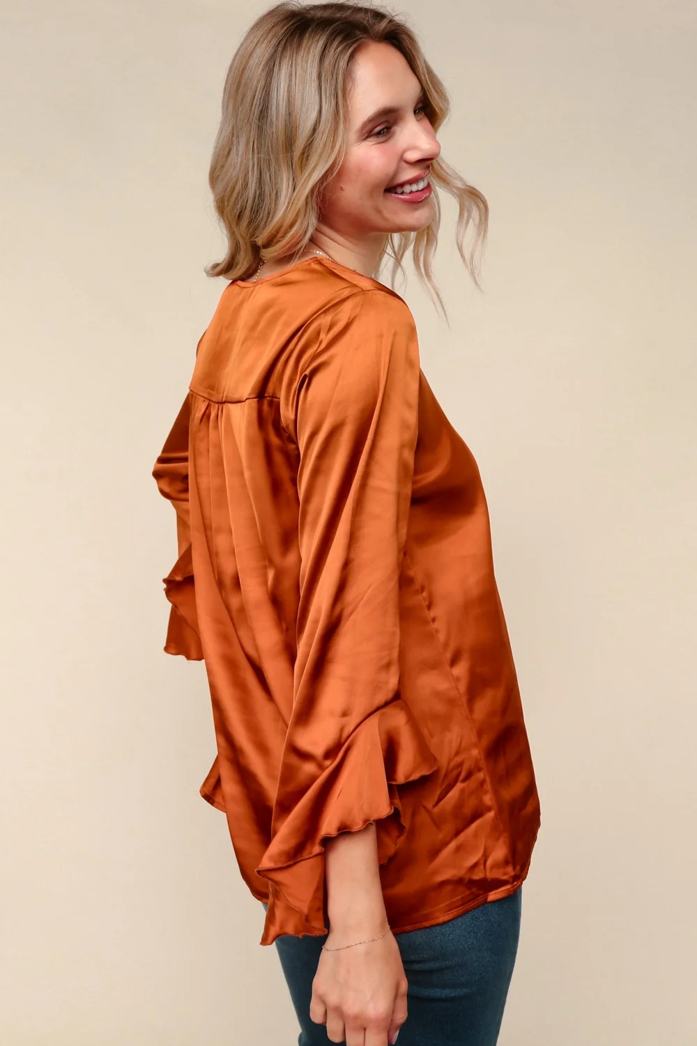 Rust Solid Satin Blouse W/Ruffle Hem Sleeve - Image 3