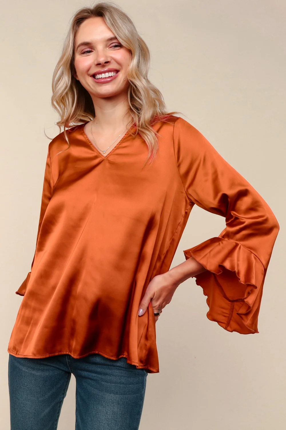 Rust Solid Satin Blouse W/Ruffle Hem Sleeve - Image 4