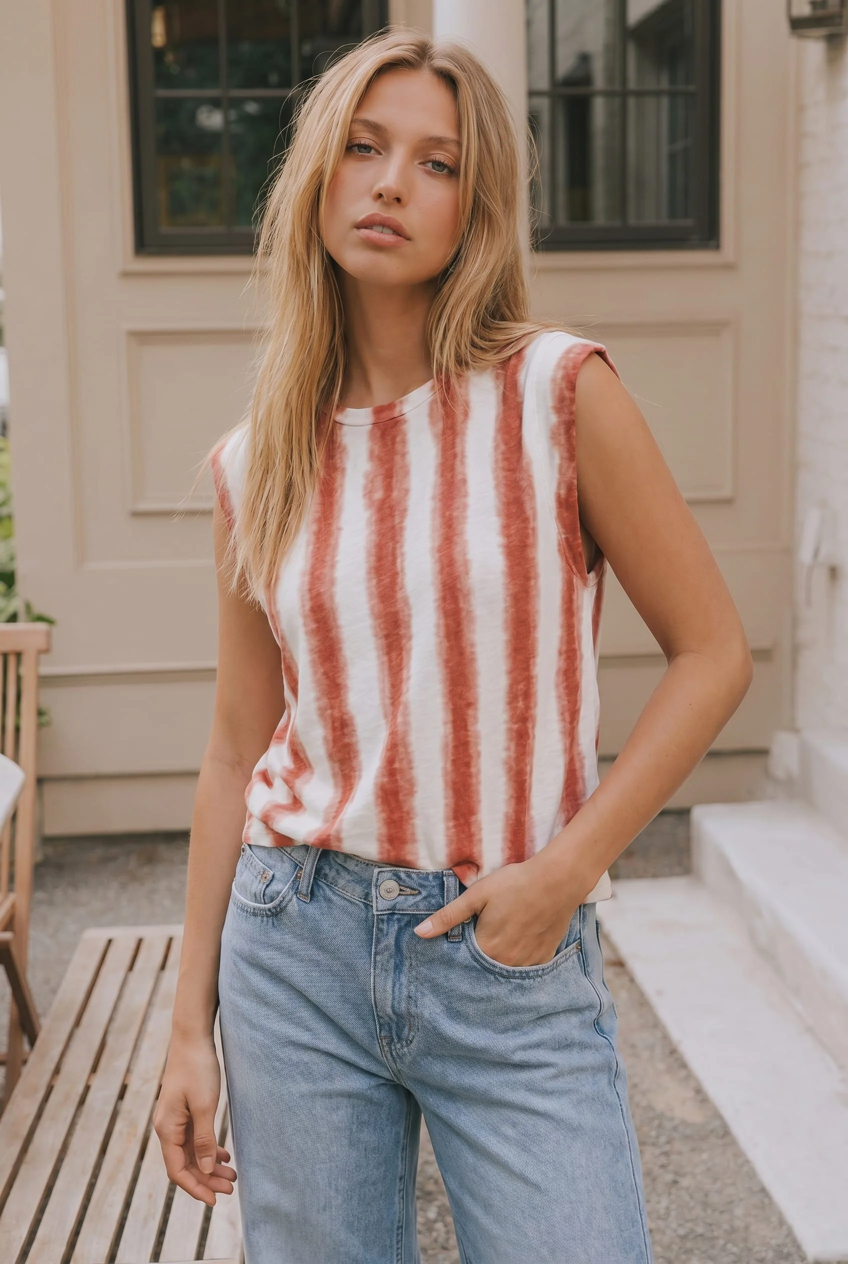 Rust Tie Dye Vertical Stripe Sleeveless Top - Image 3