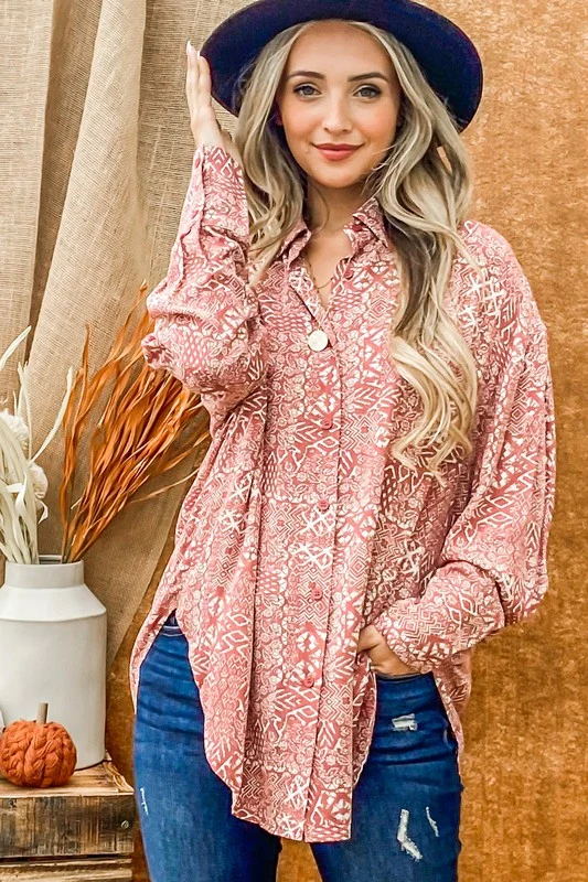 Rust Tribal Design Button Top