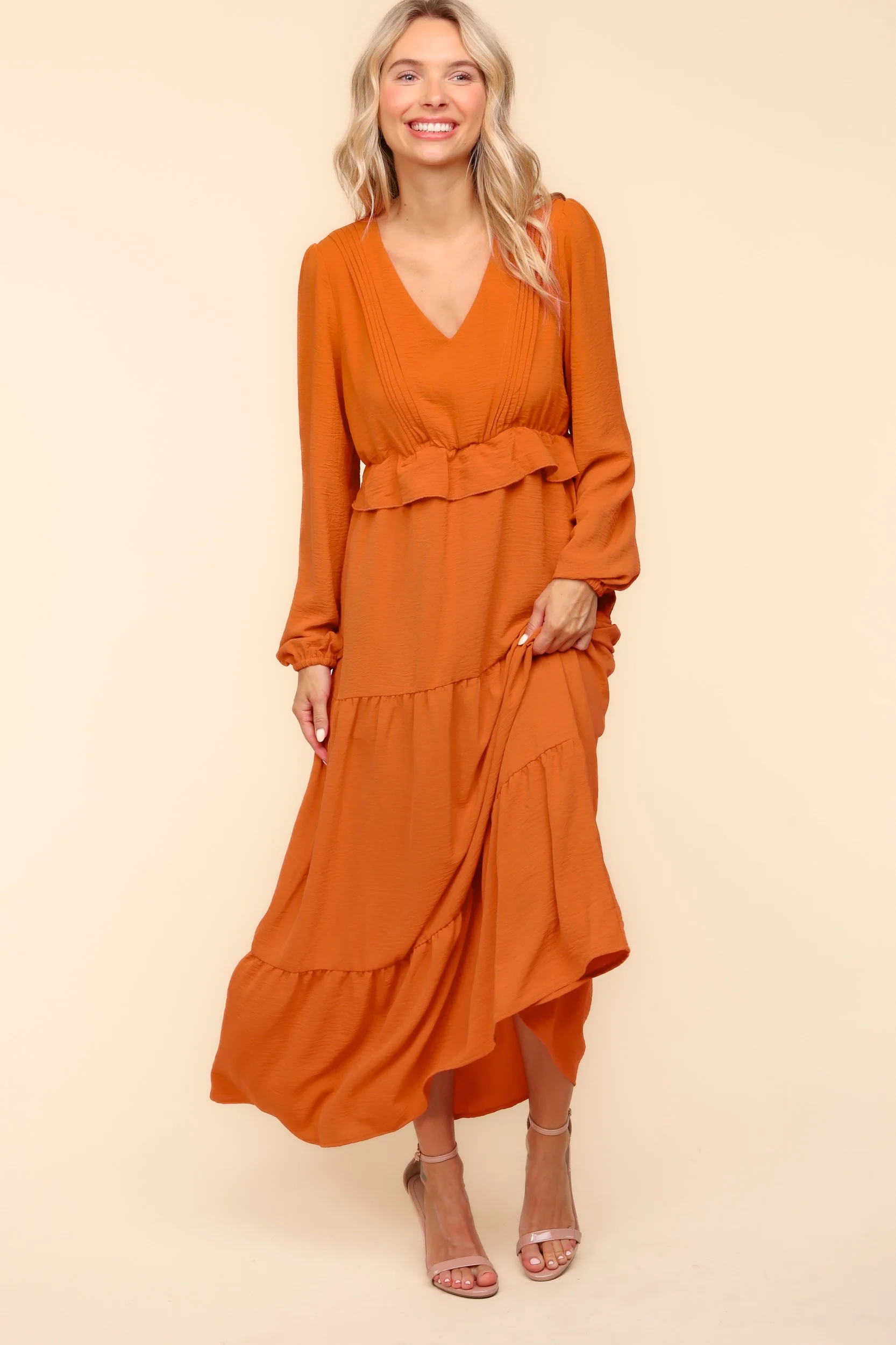Rust V Neck Pintuck Detail Solid Woven Dress - Image 3