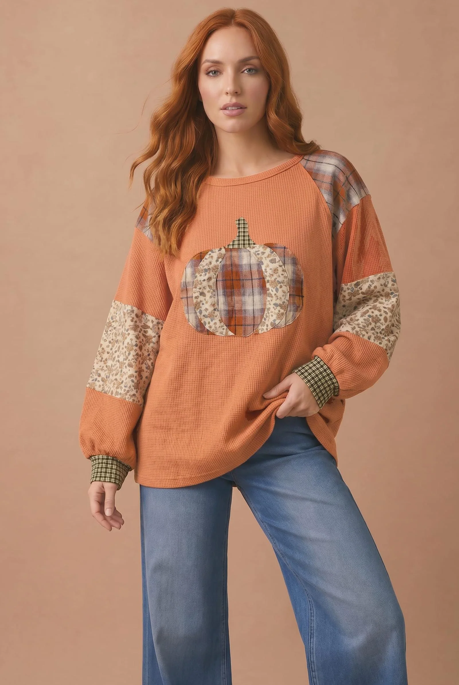 Rust Waffle Knit Patchwork Pumpkin Top
