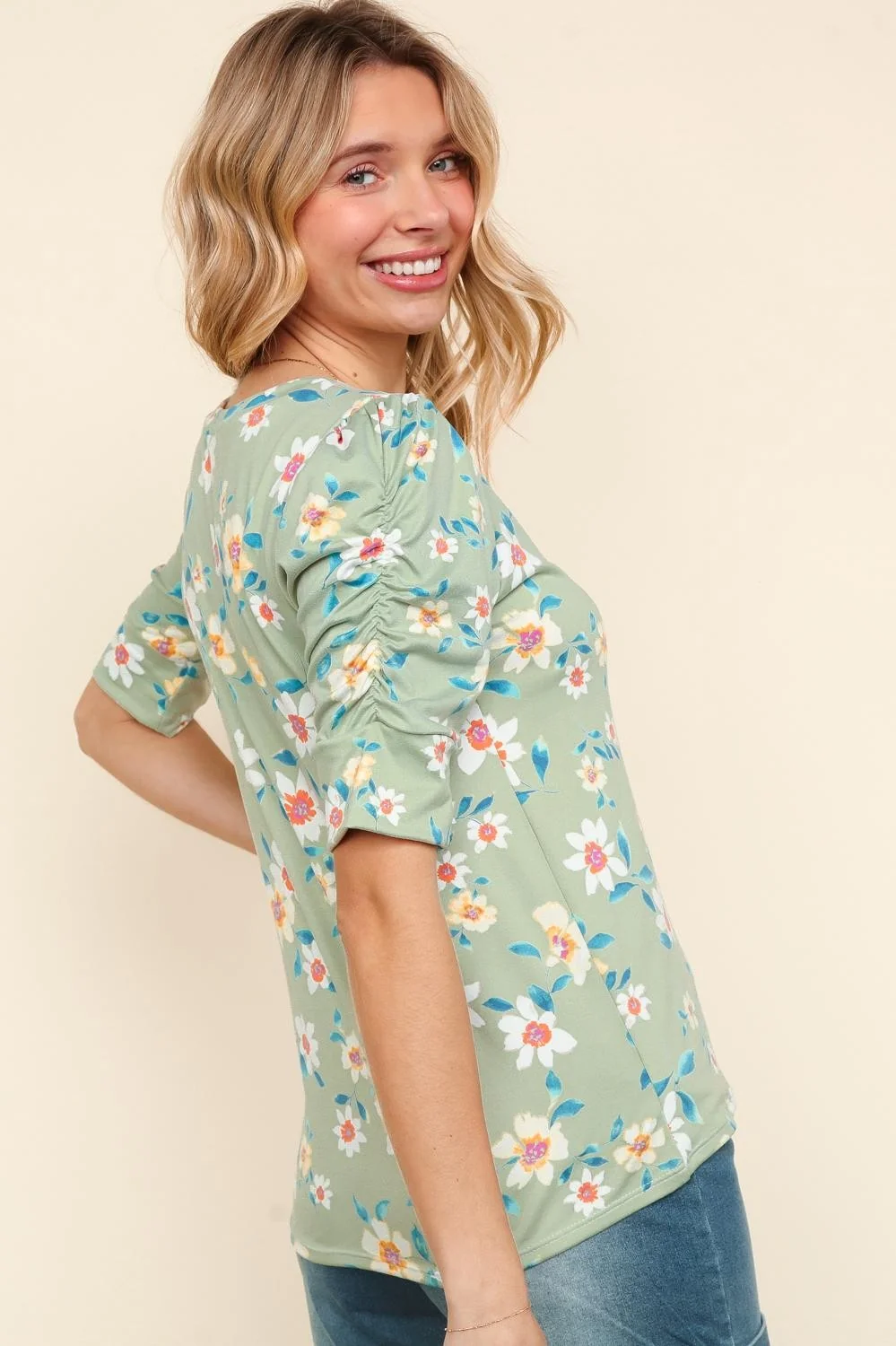 Sage Round Neck Knit Top W/Shirring Bubble Sleeves - Image 3