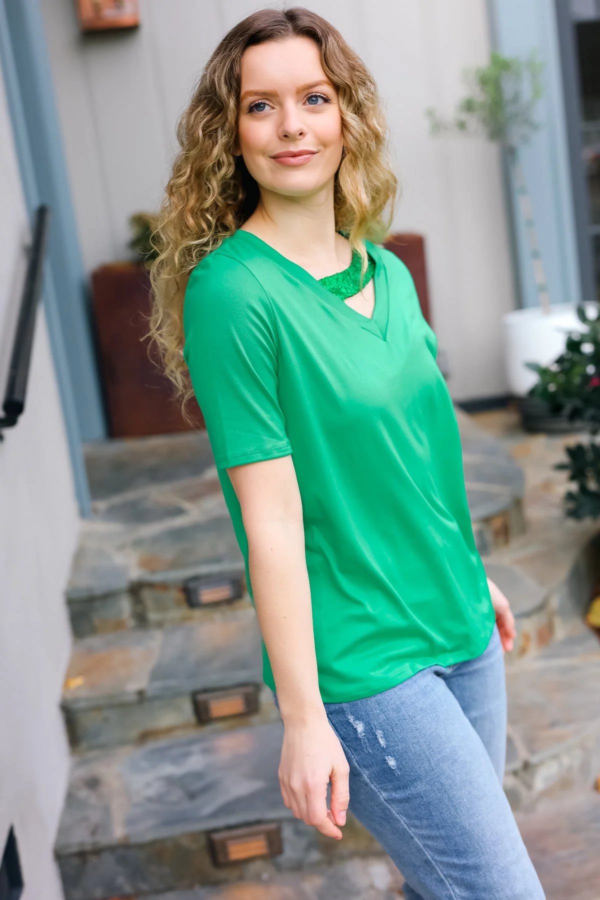 Saint Patrick Asymmetrical Sequin Banded V Neck Top (Open Pack) - Image 3