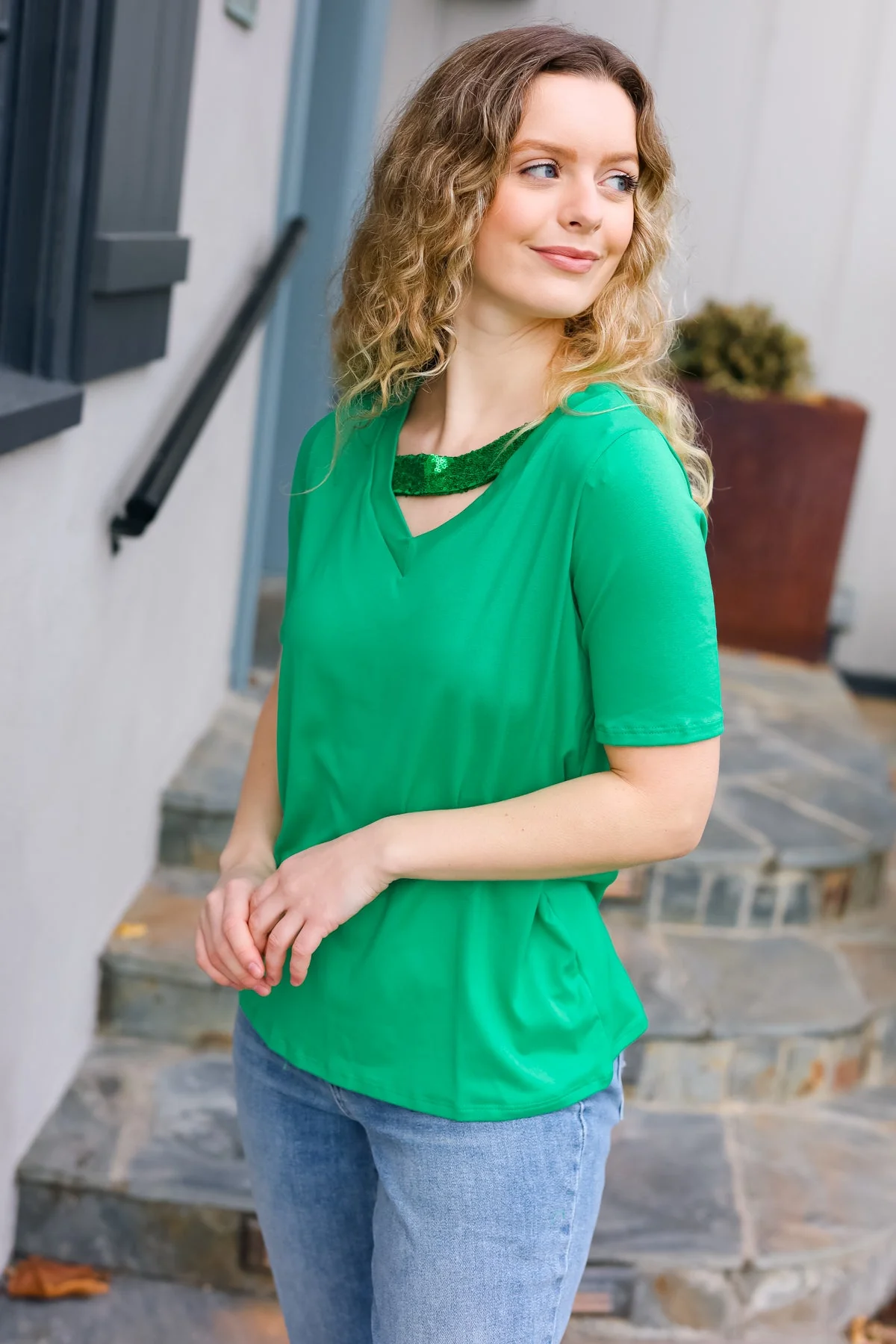 Saint Patrick Asymmetrical Sequin Banded V Neck Top (Open Pack) - Image 4