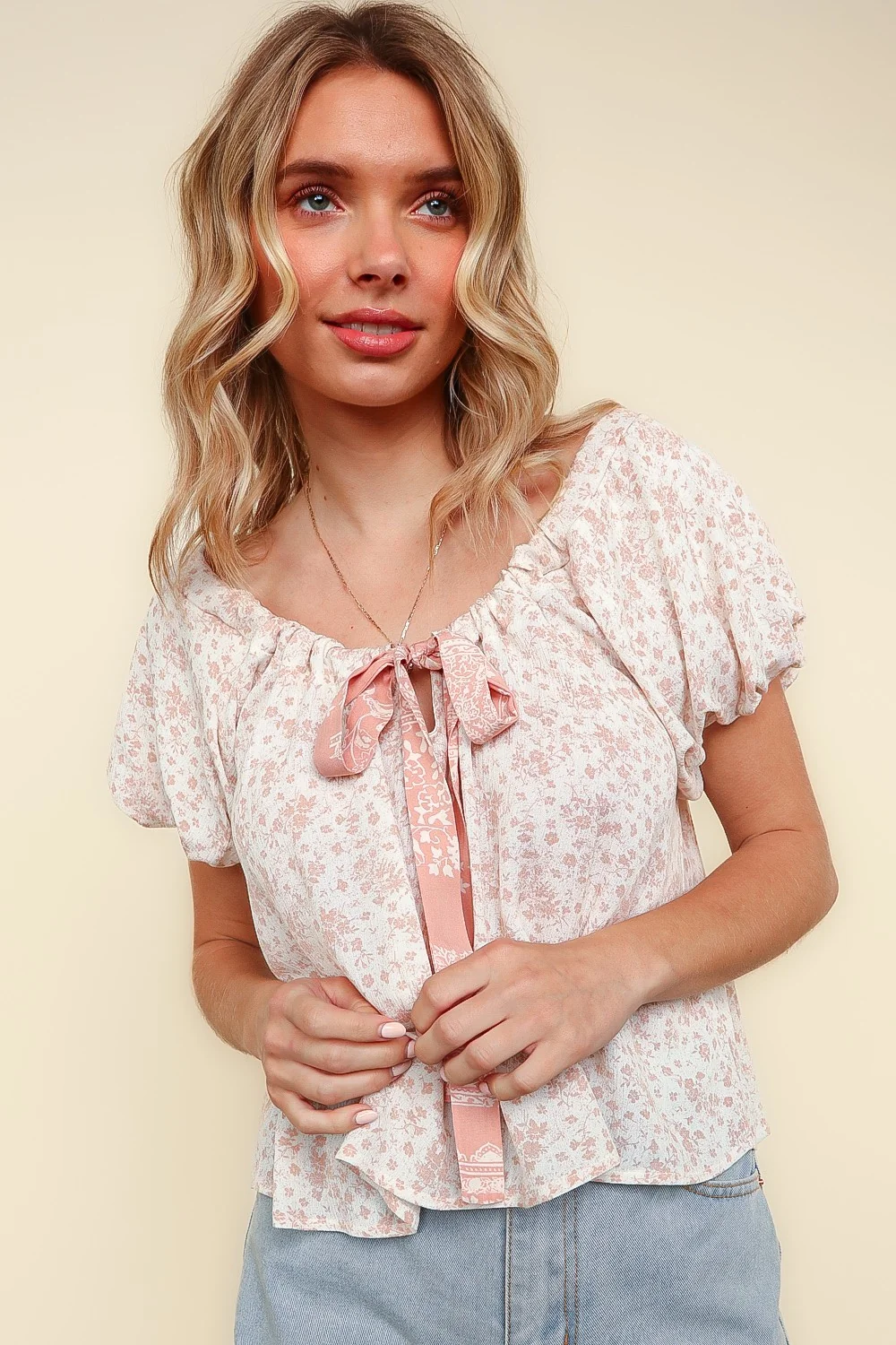 SCOOP NECK BOW BUBBLE SLEEVE FLORAL TOP - Image 8