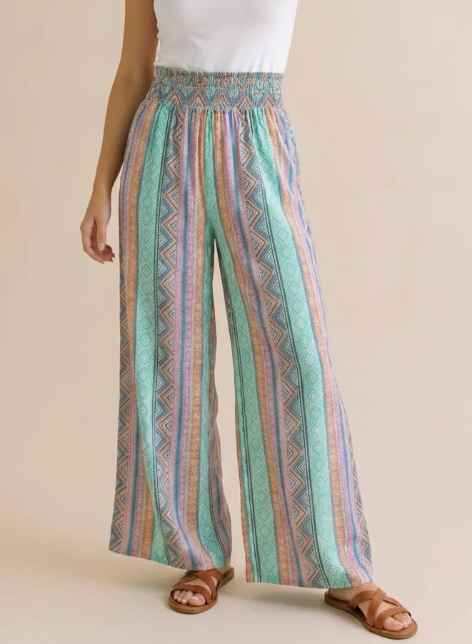 Seafoam Aztec Stripe Smocked Waist Wide Leg Pants - Image 2
