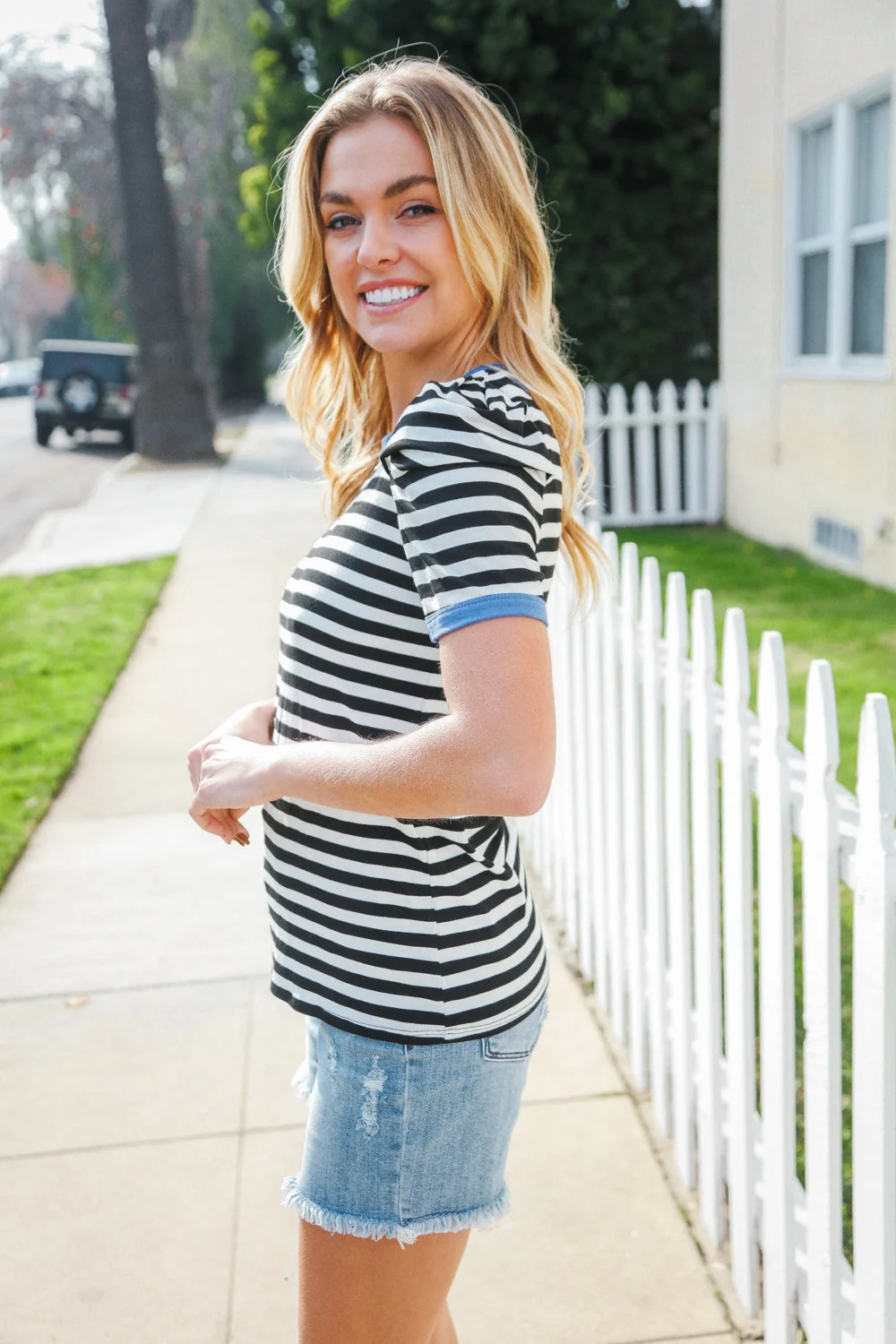 Seize The Day Blue Trim Black & Ivory Stripe Knit Top (Open Pack) - Image 5