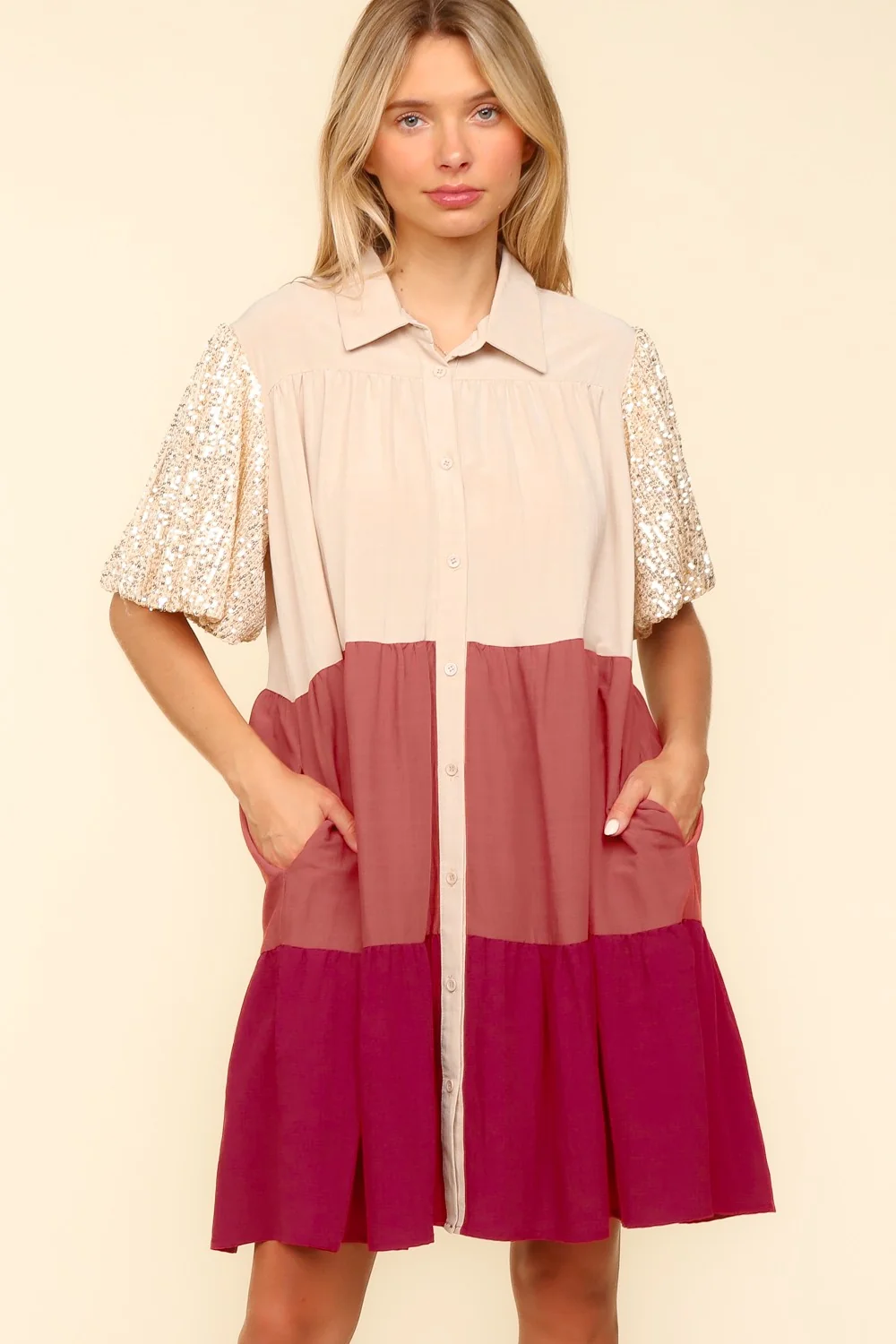 SEQUINS BUBBLE SHORT SLEEVE WITH SIDE POCKETS