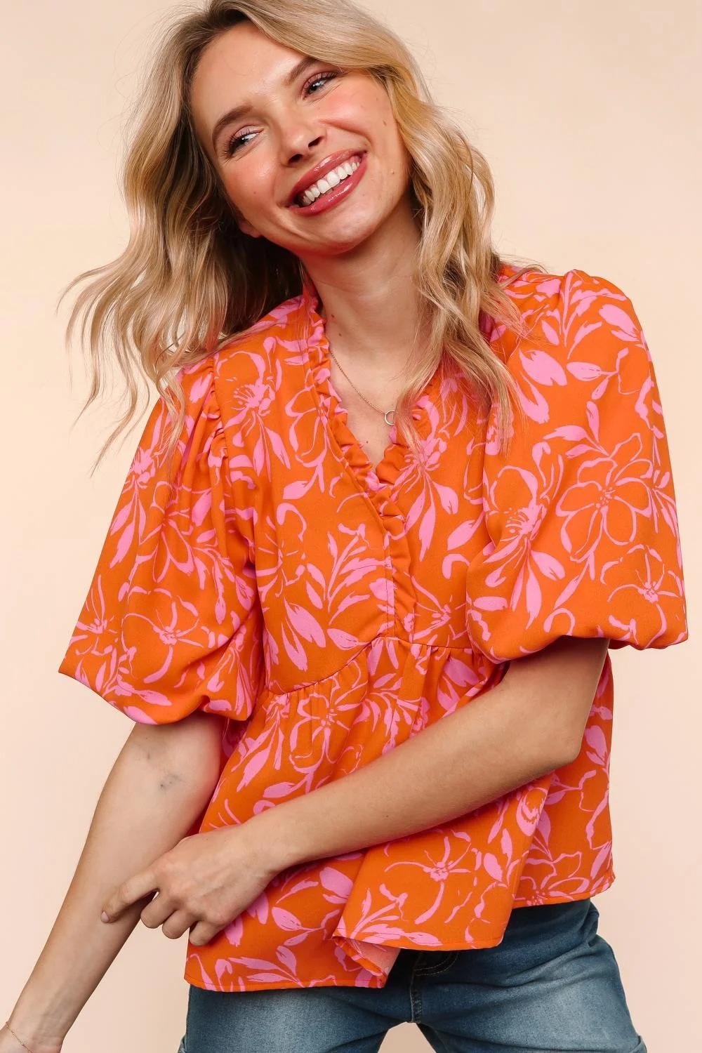SHORT SLEEVE BABYDOLL FLORAL PRINT WOVEN TOP