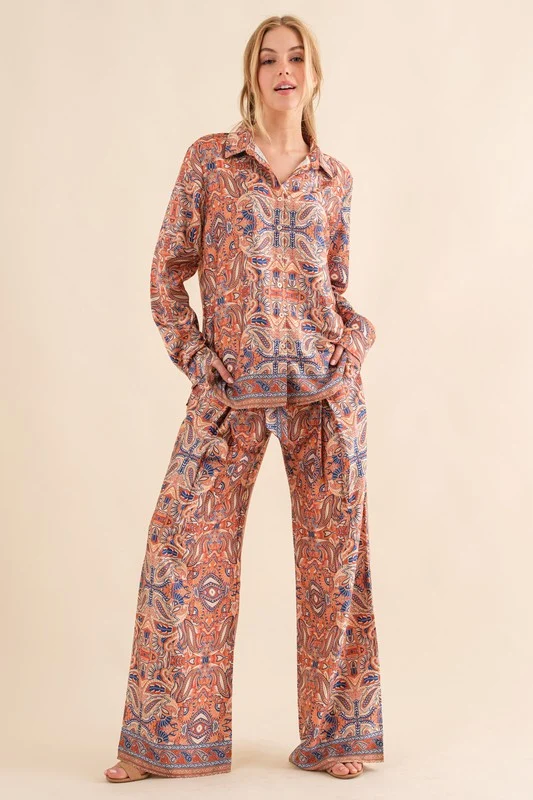 Silky Print Design Button Down Blouse - Image 3