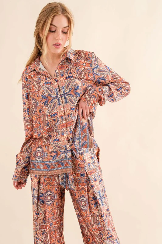 Silky Print Design Button Down Blouse - Image 5
