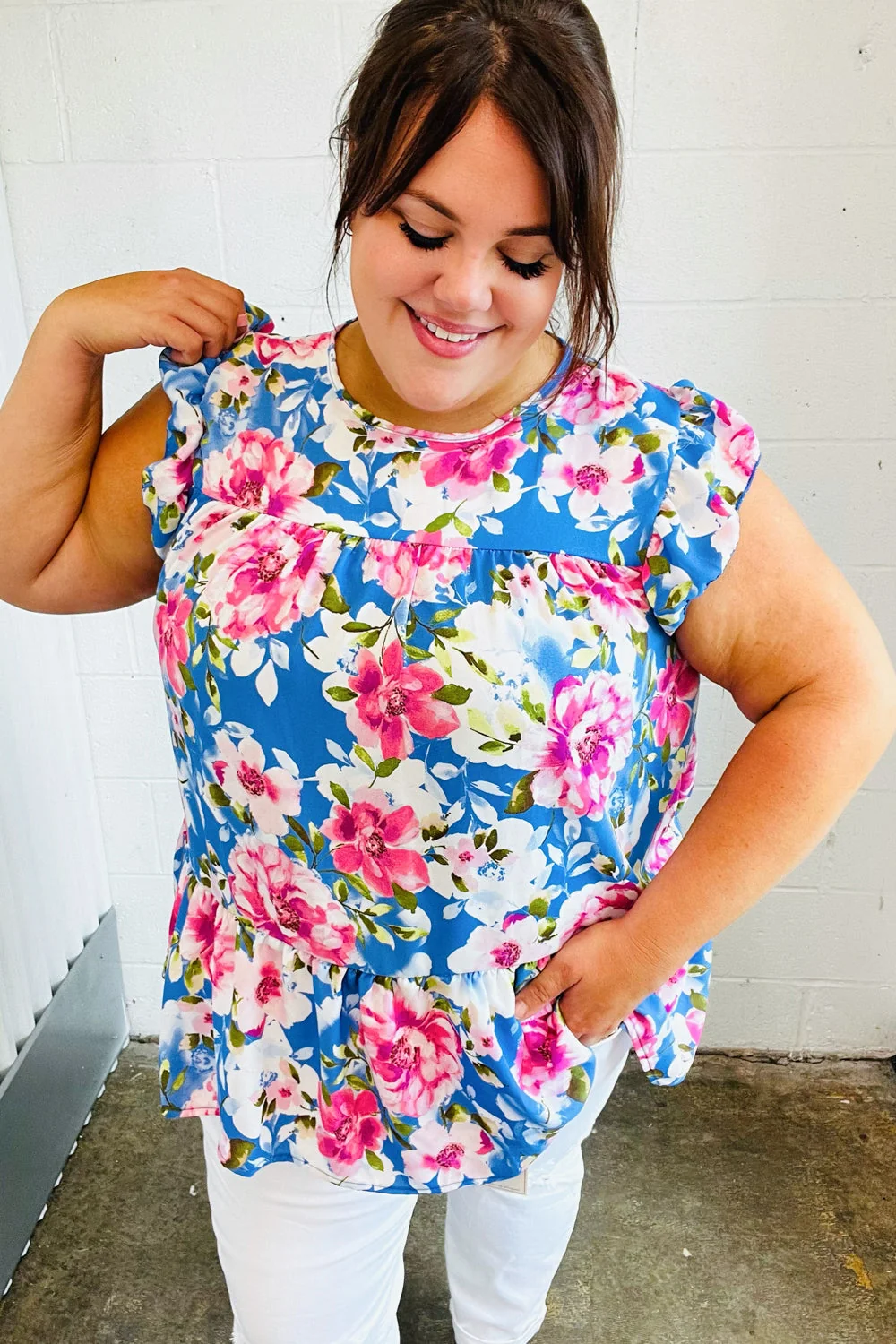Sky Blue Floral Yoke Flutter Sleeve Keyhole Back Top (Open Pack) - Image 11