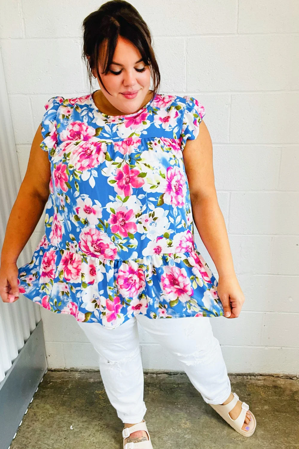 Sky Blue Floral Yoke Flutter Sleeve Keyhole Back Top (Open Pack) - Image 4