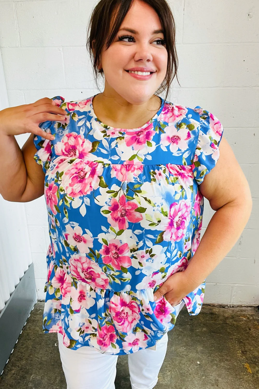 Sky Blue Floral Yoke Flutter Sleeve Keyhole Back Top (Open Pack) - Image 6